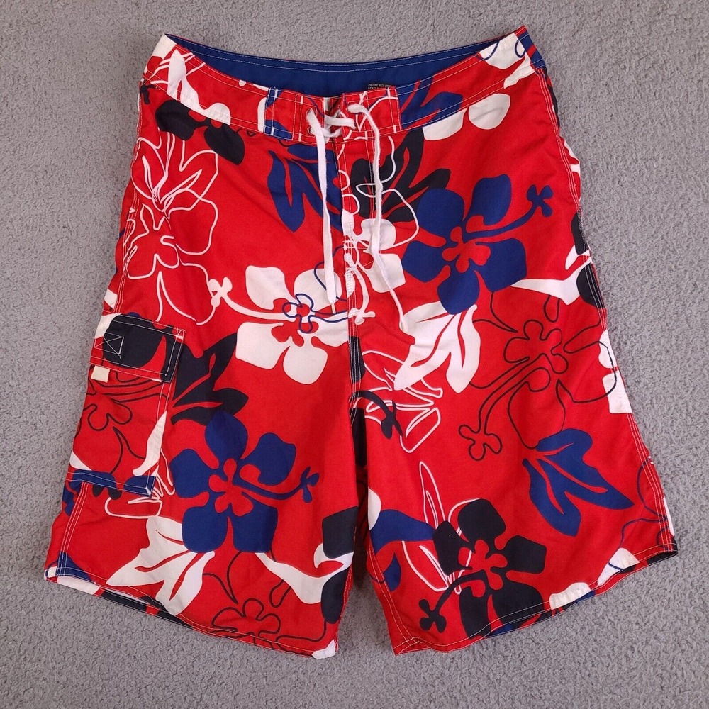Kanu Board Shorts‎ Men's 32 Red Floral Swim Trunks Hawaiian